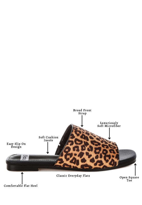 Leopard print slide flats with soft cushioned insole, open square toe