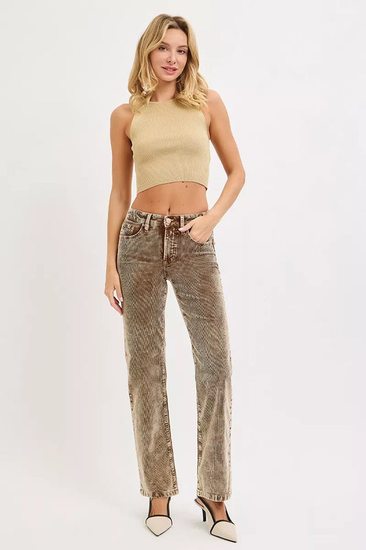RISEN Tummy Control Mid Rise Straight Leg Corduroy Pants - Tigbul's Variety Fashion Shop