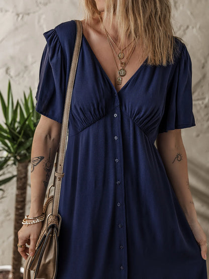 V Neck Buttoned Front Shirred Back Short Sleeve Midi Dress - Tigbul's Variety Fashion Shop
