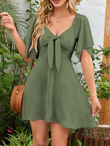 Smocked Back Knotted Flutter Sleeve Dress - Tigbul's Variety Fashion Shop