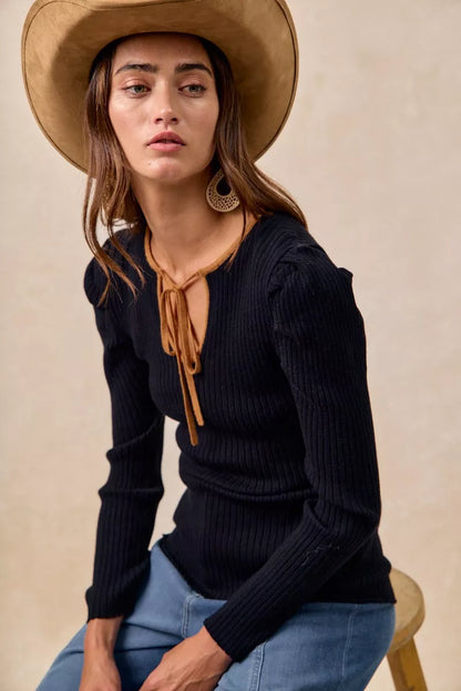 BiBi Ribbed Contrast Front Tied Top with Shrried - Tigbul's Variety Fashion Shop