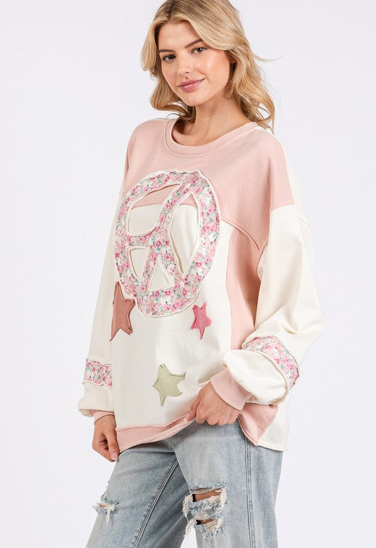 Pink Peace & Star Patch Contrast Round Neck Sweatshirt - Tigbul's Variety Fashion Shop