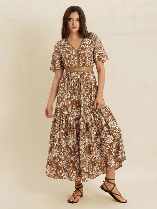 Brown Lace Detail Printed Short Sleeve Midi Dress - Tigbul's Variety Fashion Shop