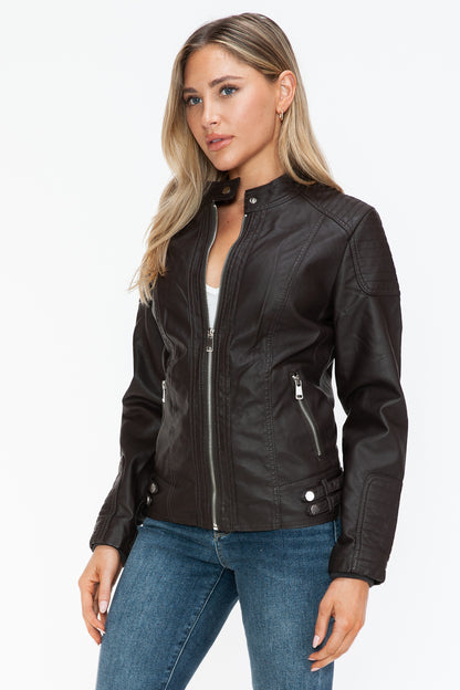 Chocolate Faux Leather Biker Jacket with Side Zip Pockets