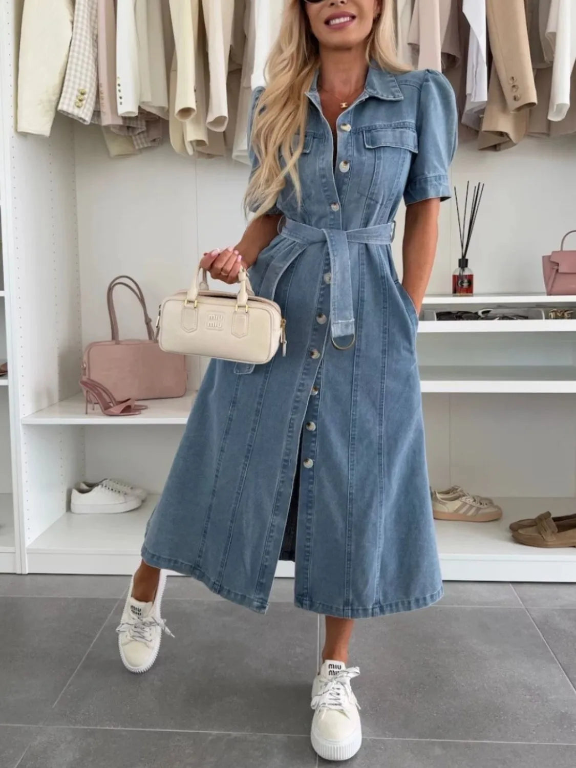 Puff Sleeve Button Down Belted Denim Midi Dress - Tigbul's Variety Fashion Shop