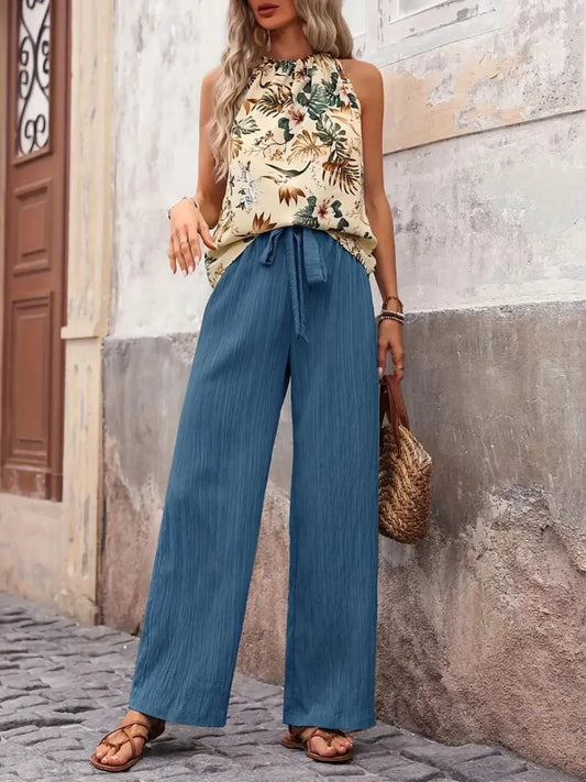 Printed Tank Top and Wide Leg Pants Set - Tigbul's Variety Fashion Shop
