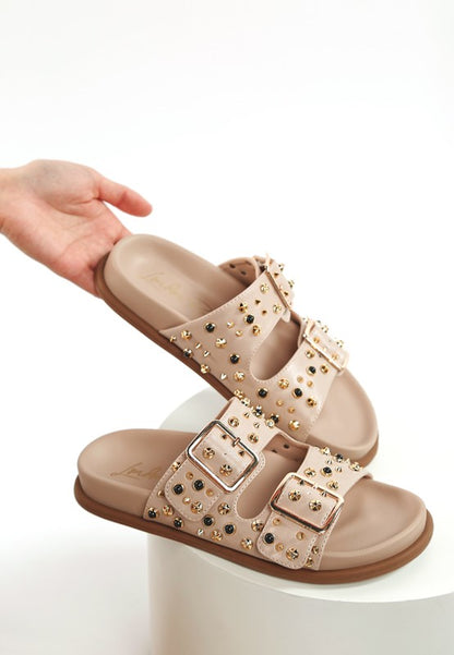 Jayata Metallic Stud Embellished Sliders - Tigbul's Variety Fashion Shop