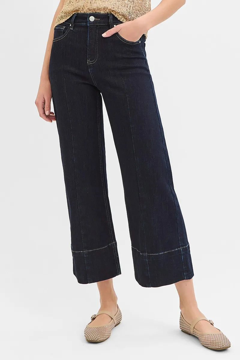 RISEN Tummy Control High Rise Crop Wide Seam Detailed Jeans - Tigbul's Variety Fashion Shop