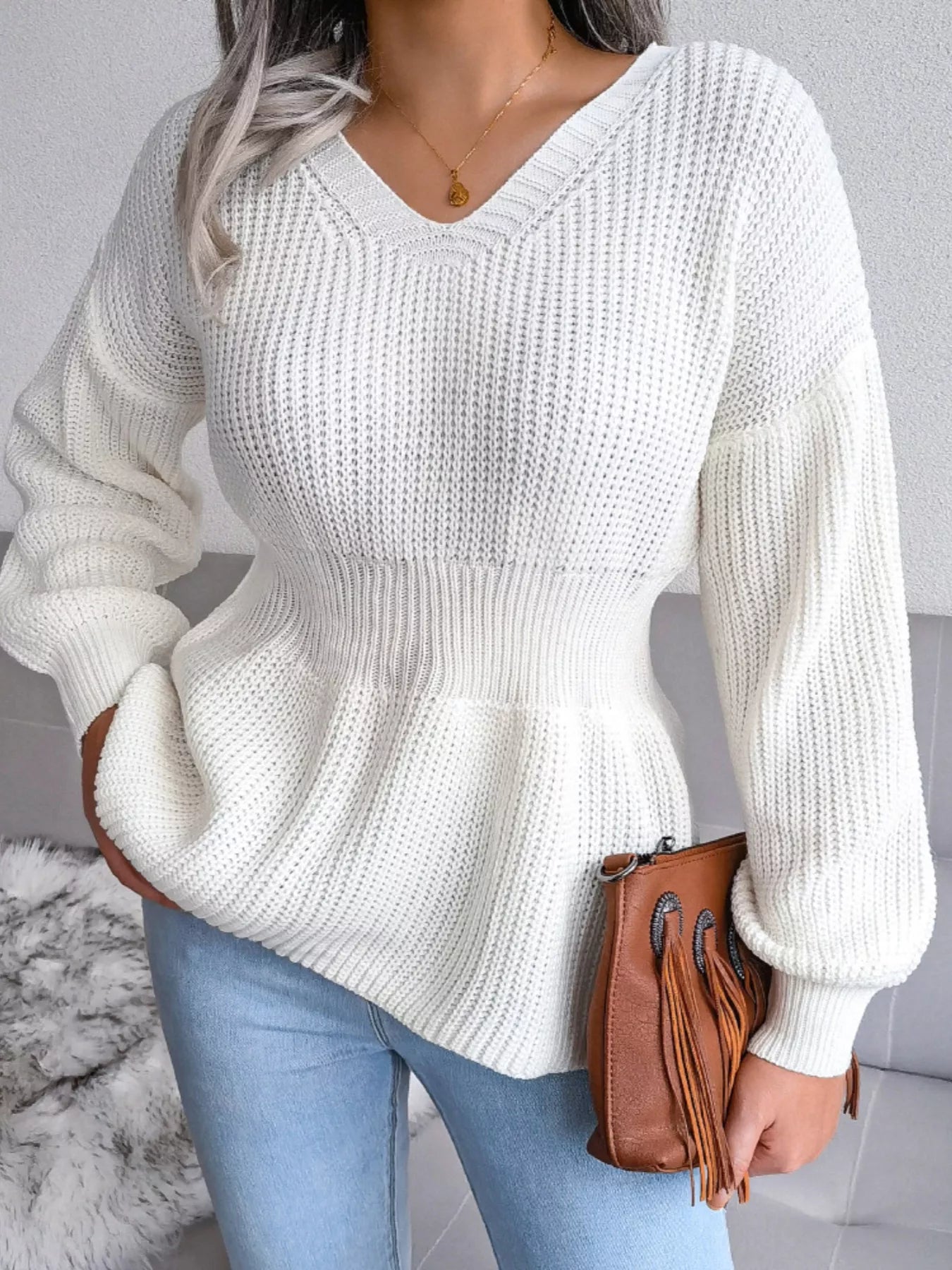 V-Neck Dropped Shoulder Sweater - Tigbul's Variety Fashion Shop