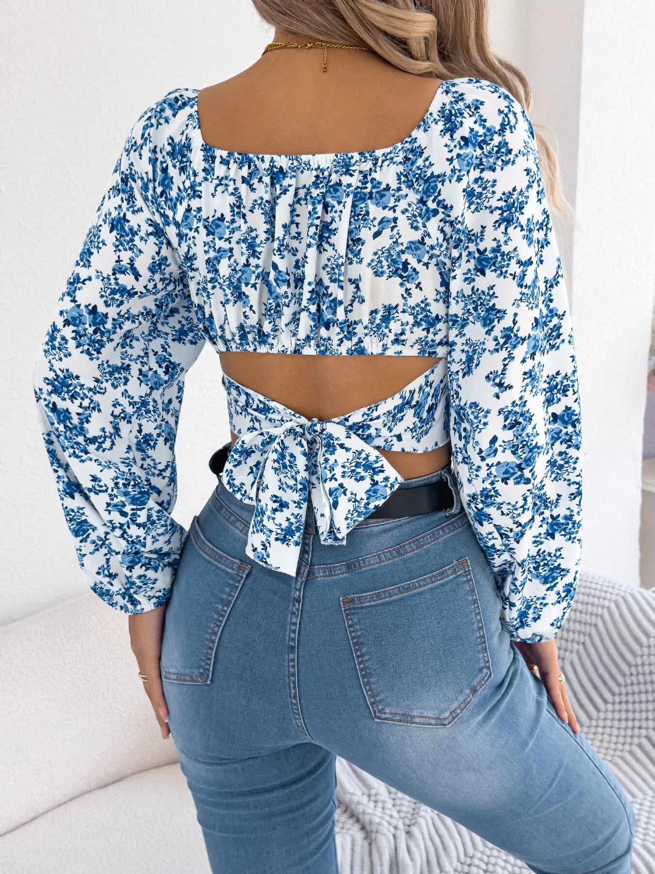 Floral Balloon Sleeve Square Neck Crop Blouse - Tigbul's Variety Fashion Shop