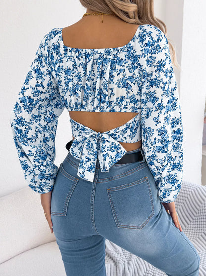 Floral Balloon Sleeve Square Neck Crop Blouse - Tigbul's Variety Fashion Shop