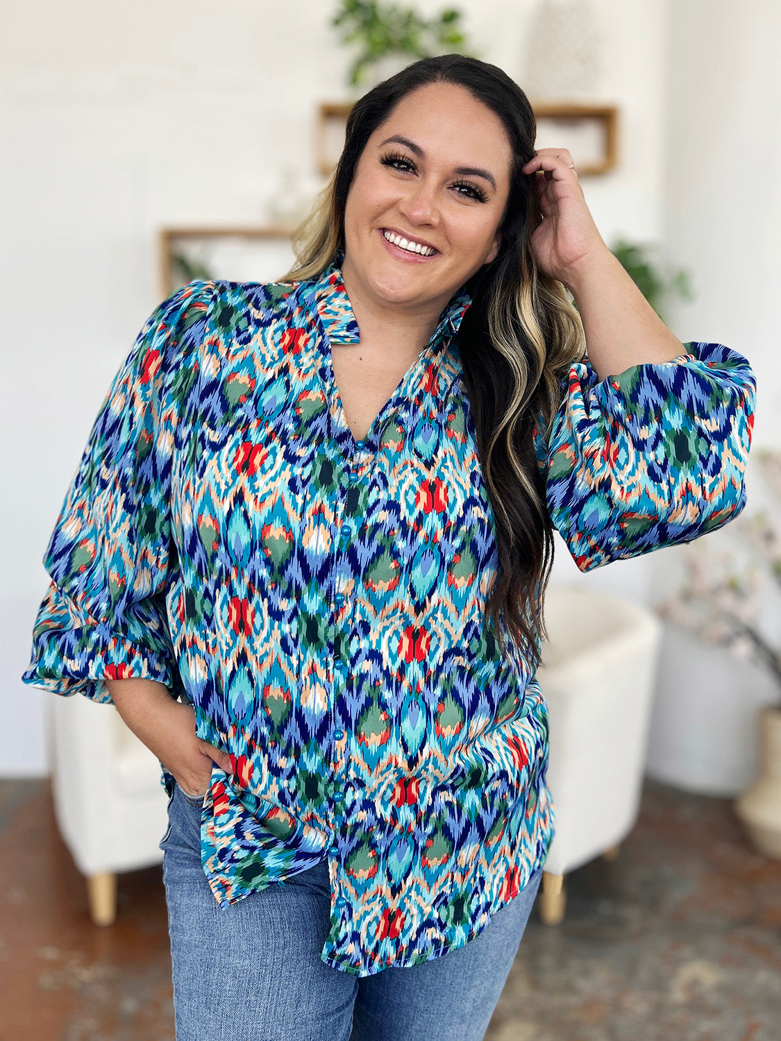 Blue Printed Balloon Sleeve Blouse Small up to 3XL - Tigbul's Variety Fashion Shop