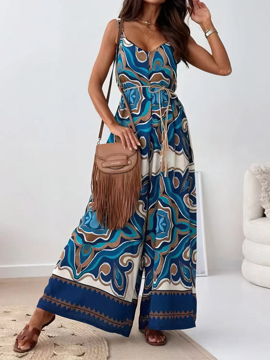 Printed V-Neck Wide Leg Jumpsuit - Tigbul's Variety Fashion Shop