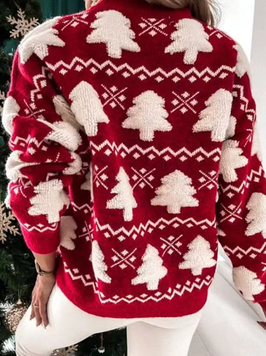 Christmas Tree Pattern Long Sleeve Sweater - Tigbul's Variety Fashion Shop