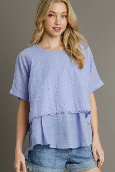Light Blue Eyelet Layered Short Sleeve Blouse - Tigbul's Variety Fashion Shop