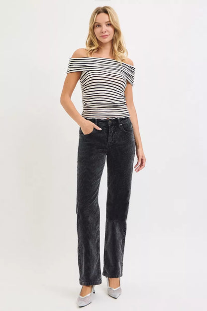 RISEN Tummy Control Mid Rise Straight Leg Corduroy Pants - Tigbul's Variety Fashion Shop