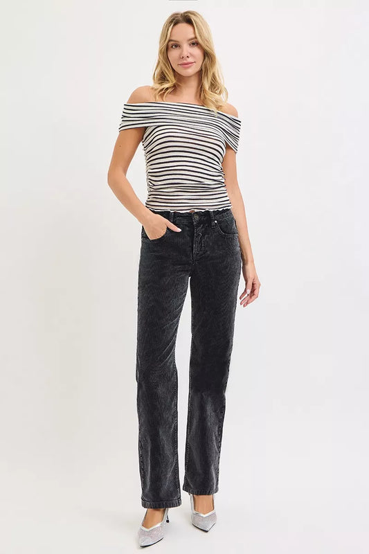 RISEN Tummy Control Mid Rise Straight Leg Corduroy Pants - Tigbul's Variety Fashion Shop