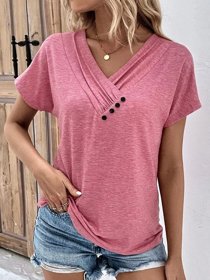 Decor Button Short Sleeve T-Shirt - Tigbul's Variety Fashion Shop