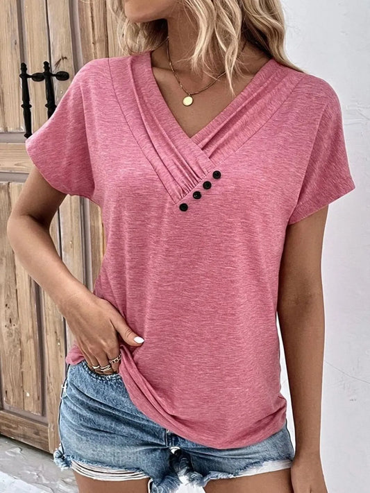 Decor Button Short Sleeve T-Shirt - Tigbul's Variety Fashion Shop