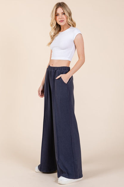 BOMBOM Elastic Waist Wide Leg Pants with Pockets - Tigbul's Variety Fashion Shop