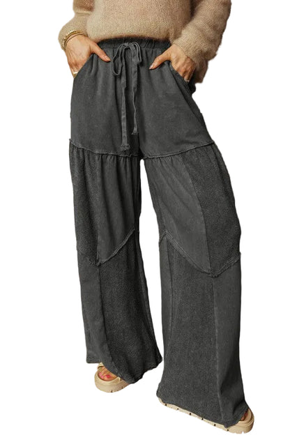 Mineral Wash Patchwork Tiered Wide Leg Pants, Women's - Tigbul's Variety Fashion Shop