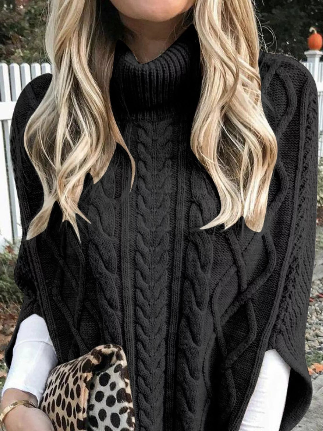 Chunky Cable Knit Turtleneck Poncho Cover Up - Tigbul's Variety Fashion Shop