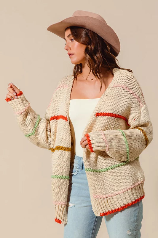 SO ME Loose Fit Multi Stripe Open Front Cardigan - Tigbul's Variety Fashion Shop