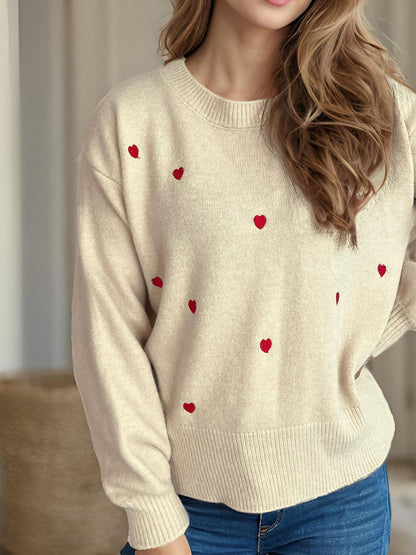 Heart Round Neck Long Sleeve Sweater - Tigbul's Variety Fashion Shop