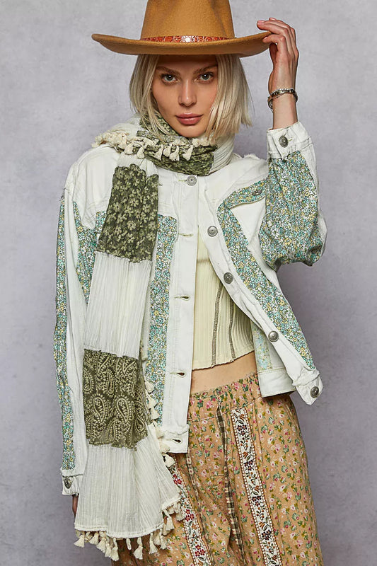 POL Button Down Patchwork Denim Jacket with Floral Print Details - Tigbul's Variety Fashion Shop