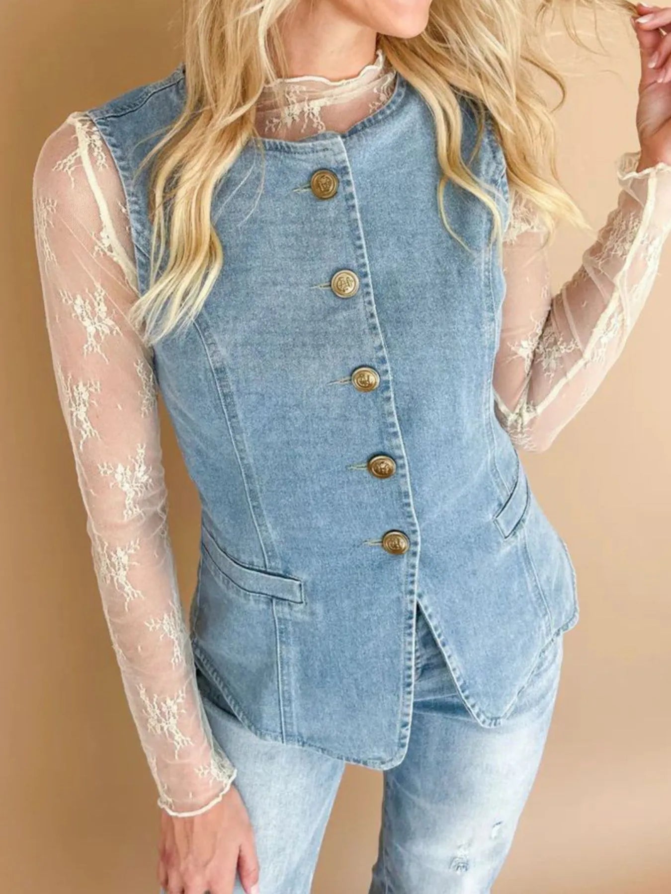 Sleeveless Button-Front Denim Vest - Tigbul's Variety Fashion Shop