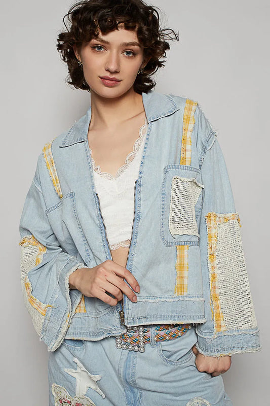 POL Raw Hem Zip Up Denim Jacket with Plaid and Crochet Patch - Tigbul's Variety Fashion Shop