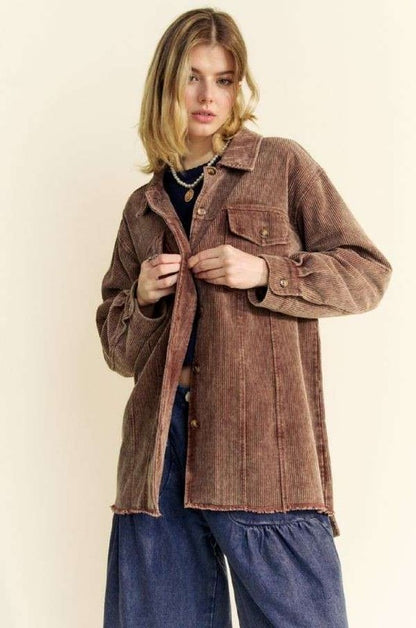 Dark Brown Washed Look Corduroy Raw Hem Button Up Jacket - Tigbul's Variety Fashion Shop