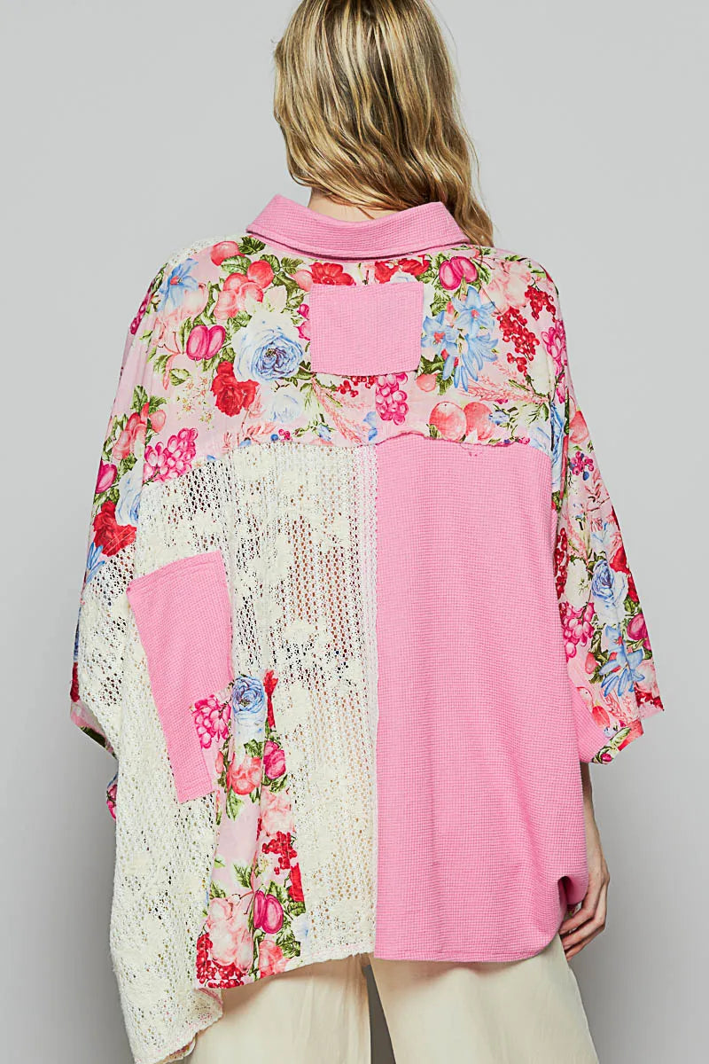 POL Thermal and Crochet Lace Mix Shirt with Floral Pattern - Tigbul's Variety Fashion Shop