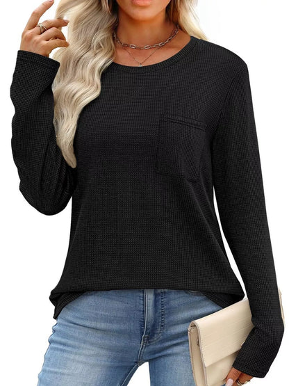 Waffle Knit Long Sleeve Pocket T-Shirt - Tigbul's Variety Fashion Shop