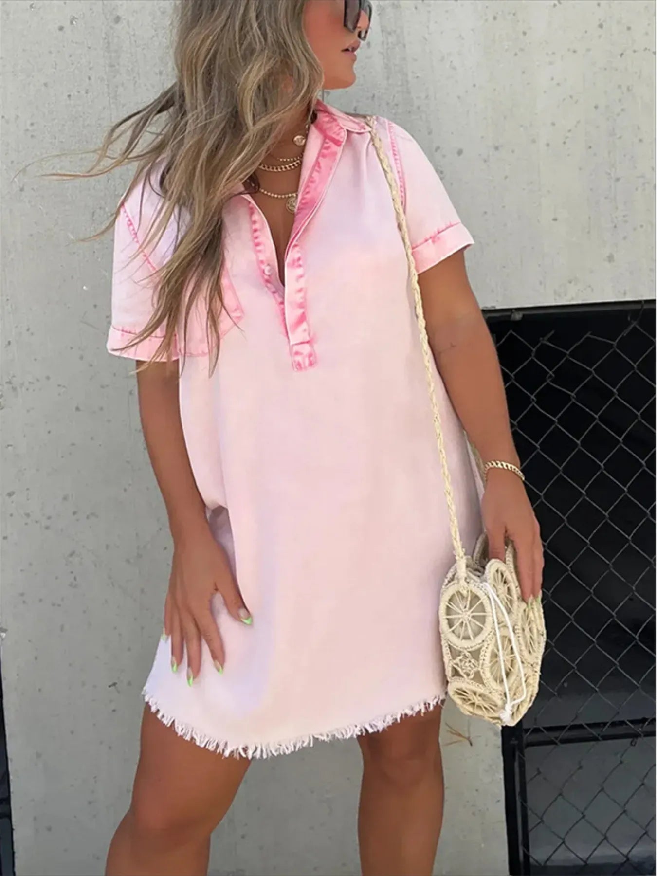 Full Size Raw Hem Short Sleeve Denim Dress Plus Size - Tigbul's Variety Fashion Shop