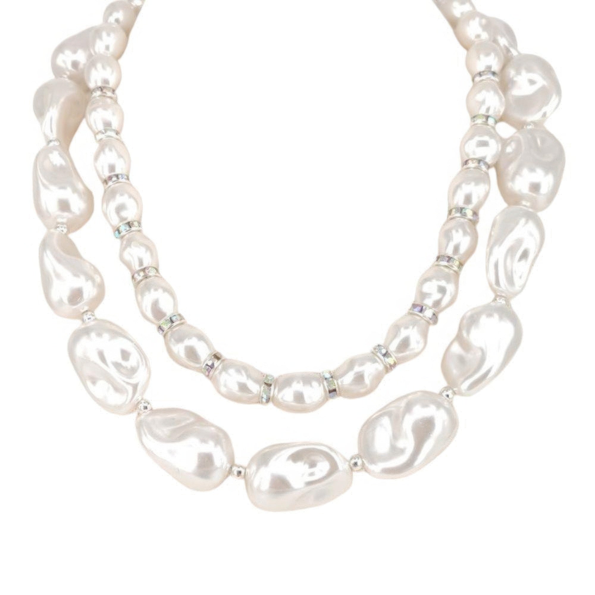 2 layered pearl necklace in white with oval pearls and silver bead spacers