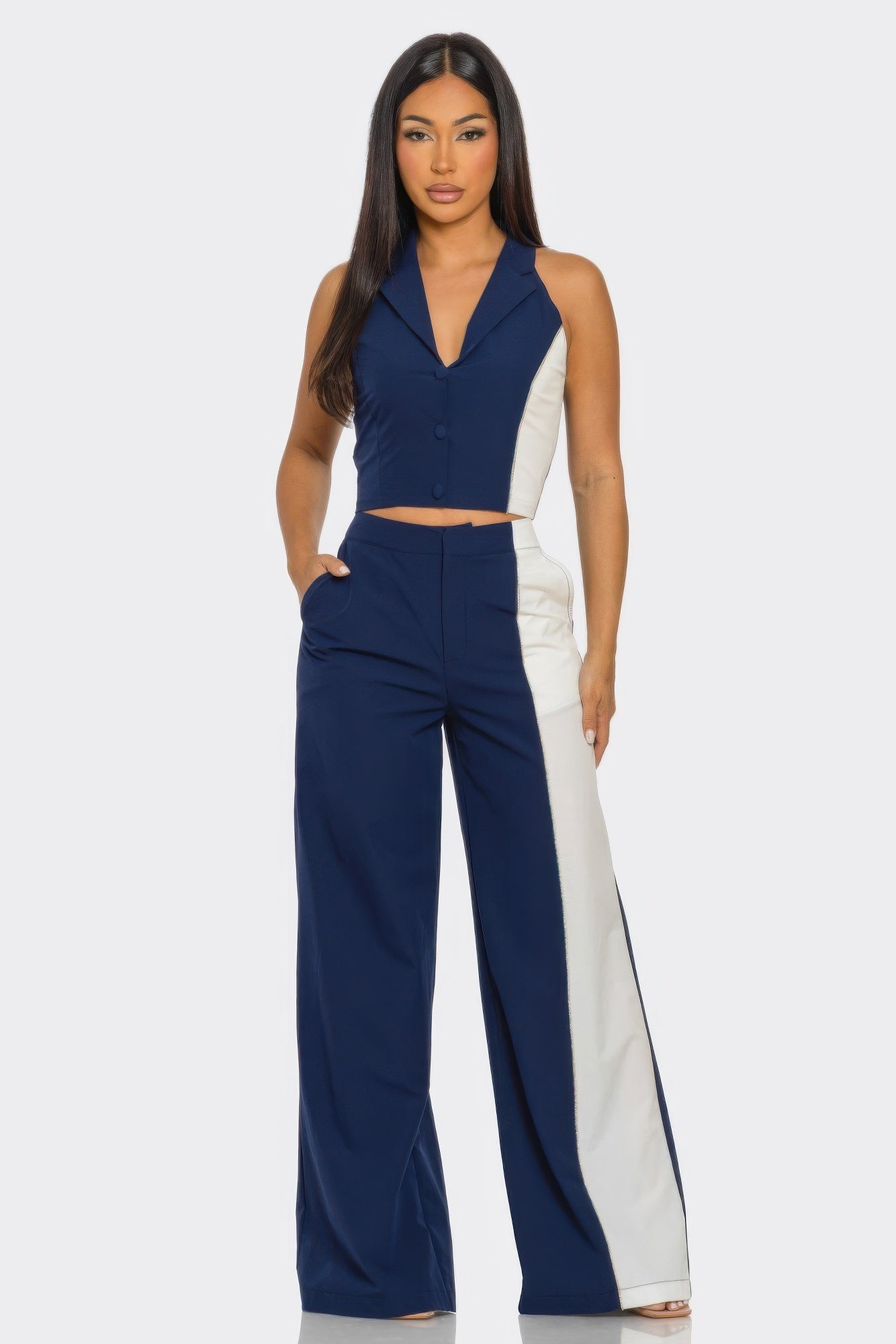 2-piece color block set: navy sleeveless button vest top with white-paneled wide-leg pants