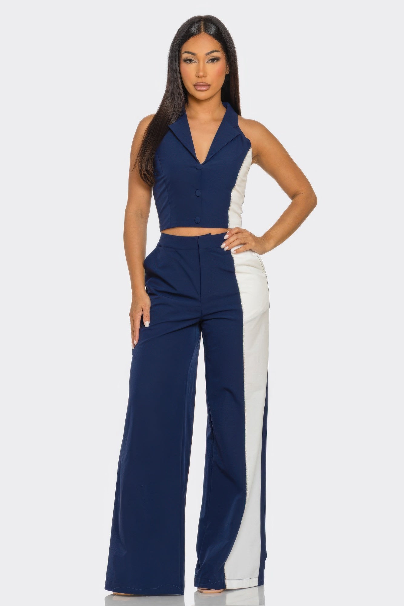 2-piece color block set in navy: sleeveless button vest with wide-leg pants and white panels