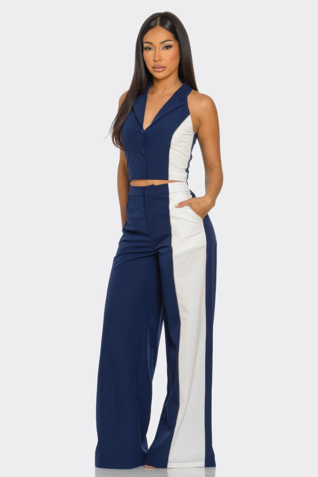 Navy color block 2-piece set: button-down sleeveless crop top with white side panel trousers