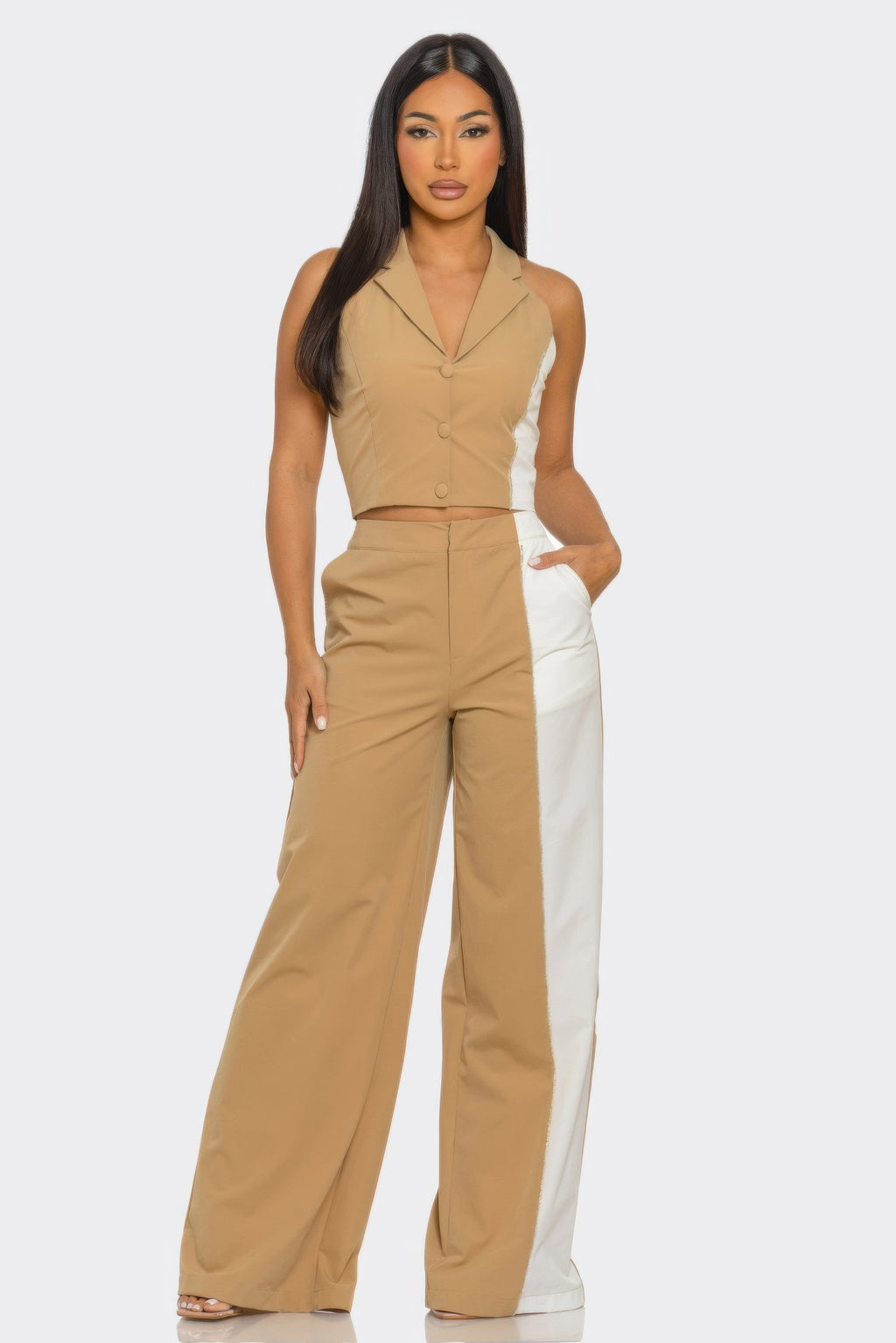 2-piece color block set: nude sleeveless button vest top with white-paneled wide-leg pants
