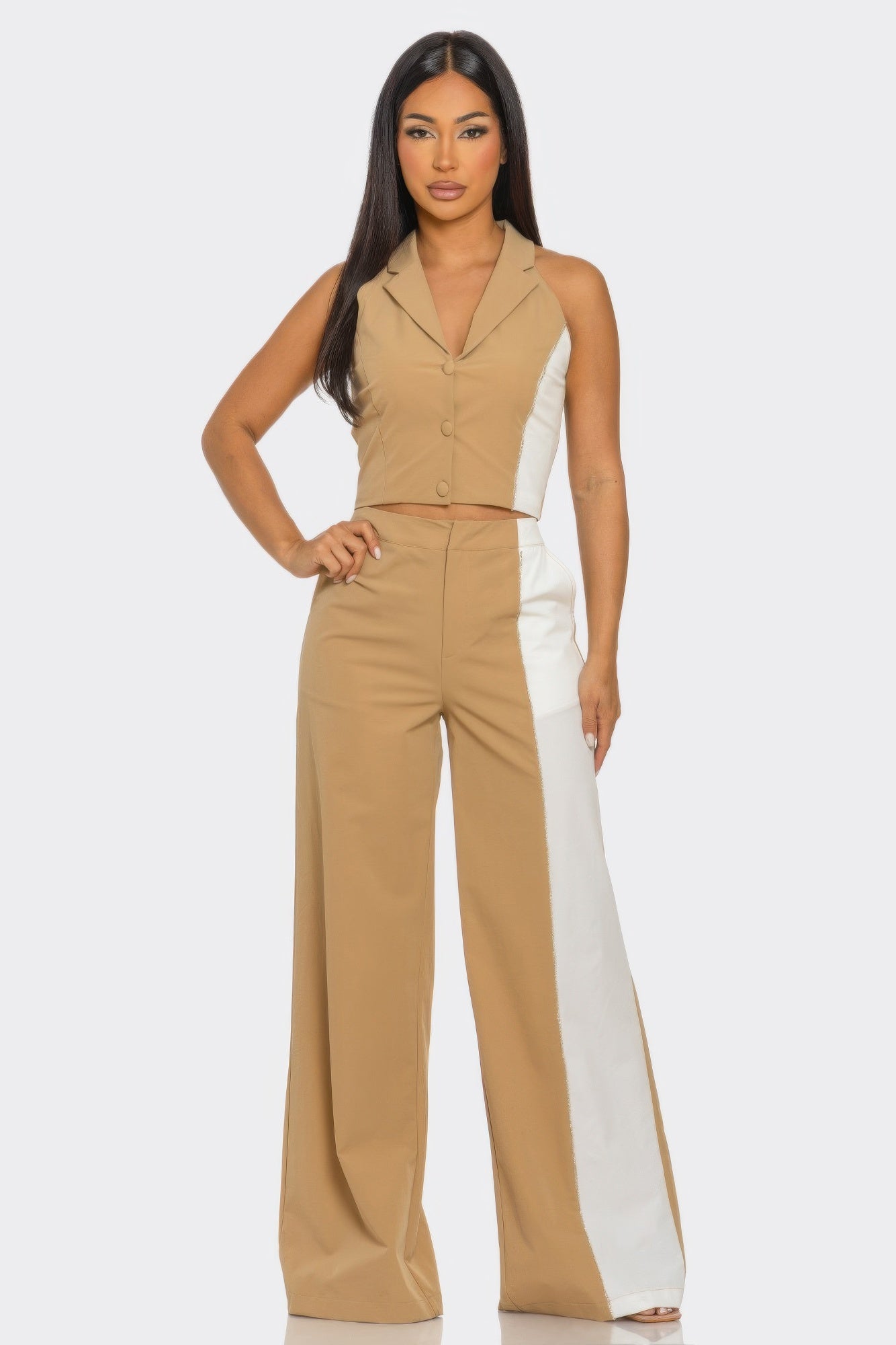 Nude color block 2-piece set: V-neck sleeveless button top with wide-leg trousers and white panel