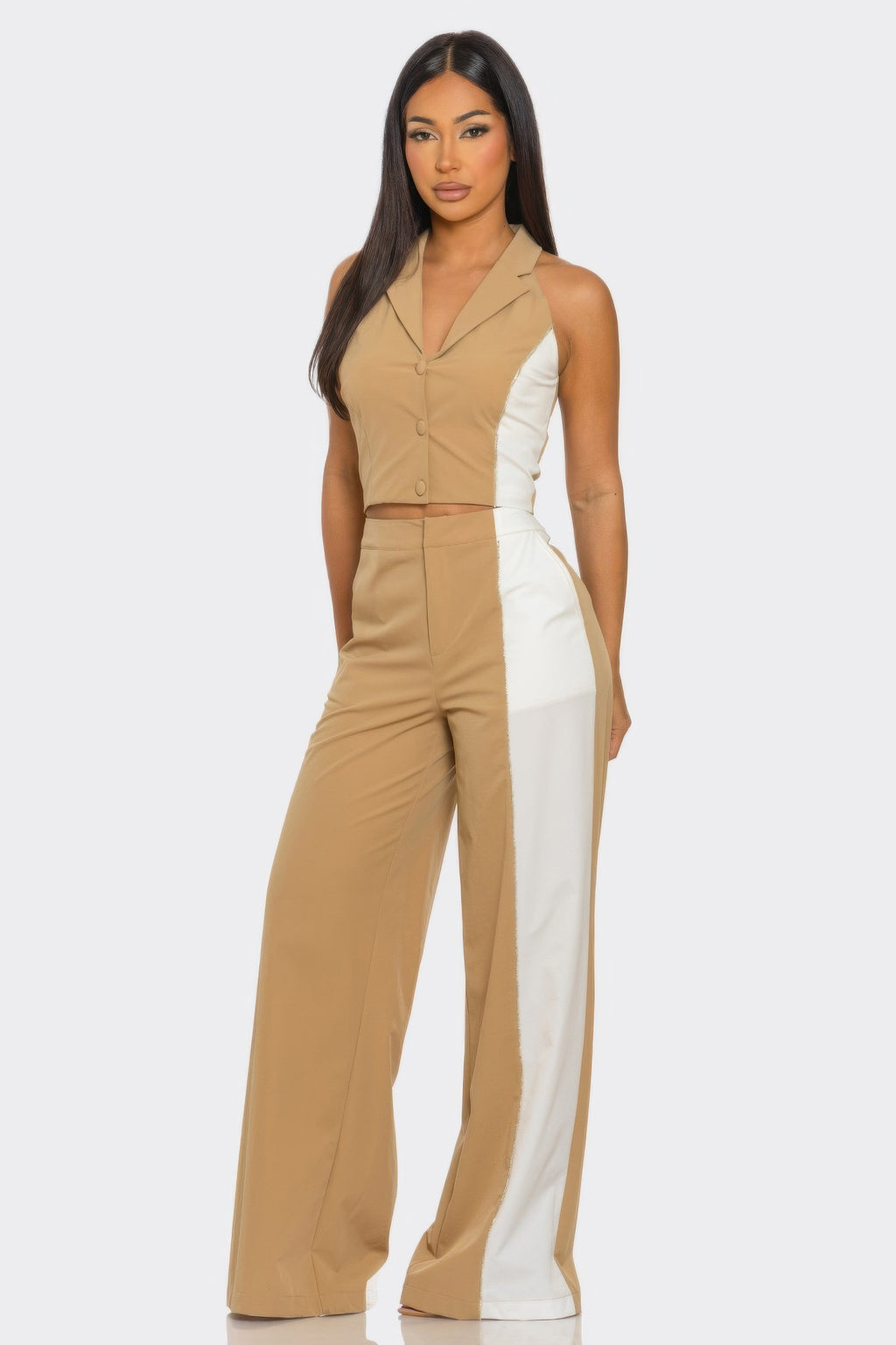 Nude color block set: sleeveless button crop vest paired with wide-leg pants and white side block
