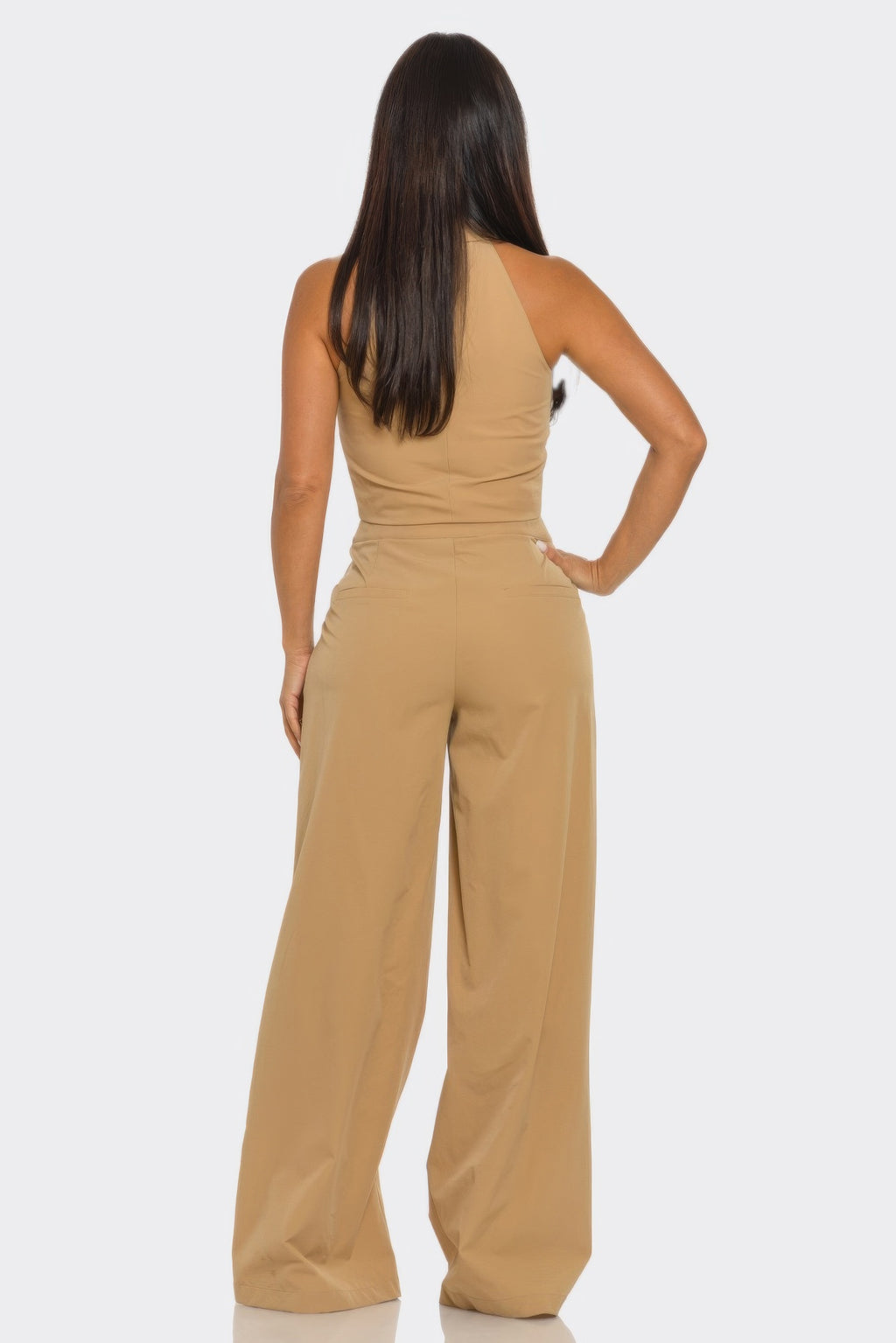 Back view of nude color block 2-piece set: sleeveless crop vest and wide-leg pants