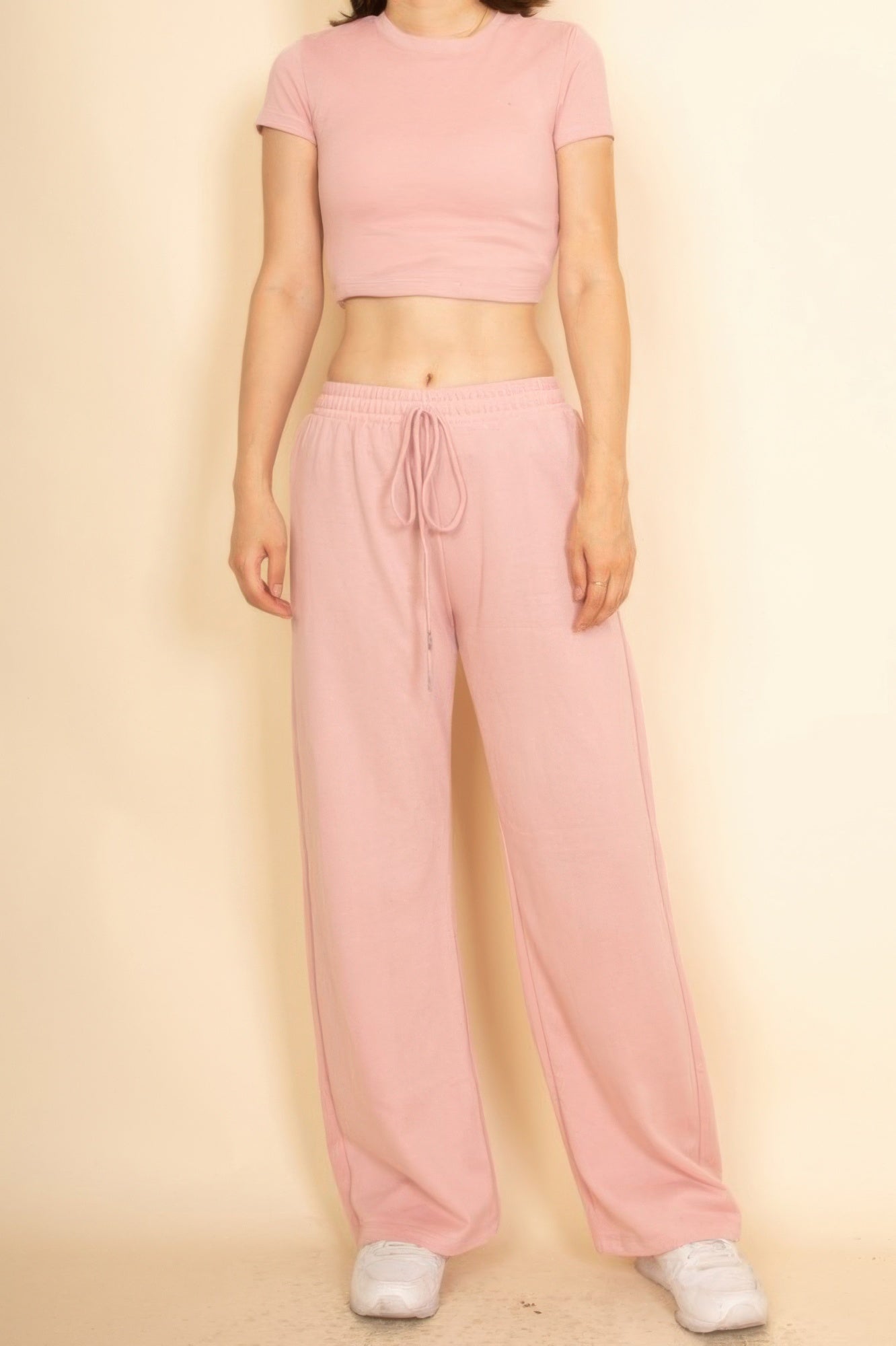 Rosa 2-teiliges Crop-T-Shirt und Wide-Leg-Loungepants-Set mit Kordelzug am Bund