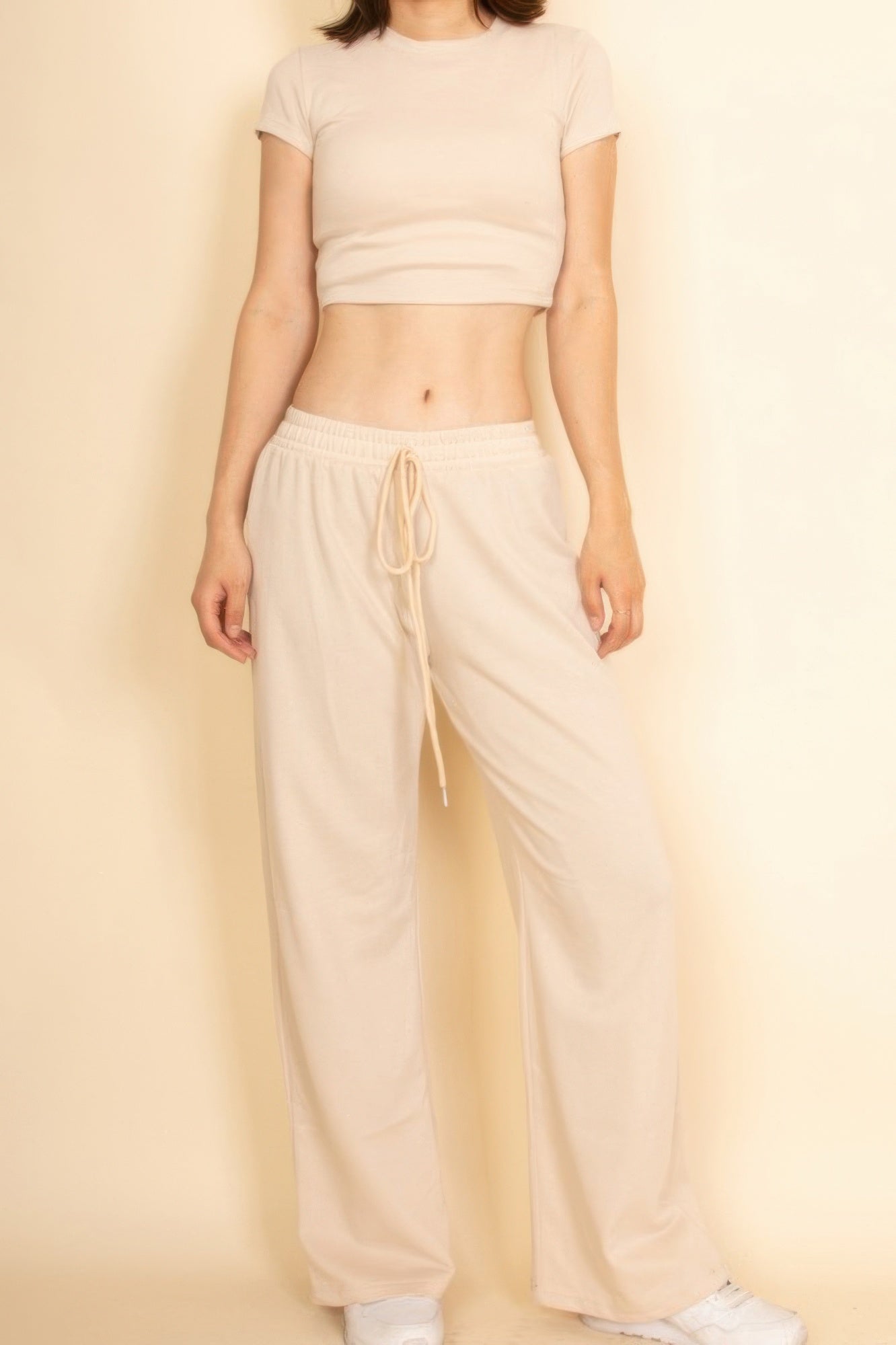 2-piece cropped T-shirt and wide-leg lounge pants set, pale pink