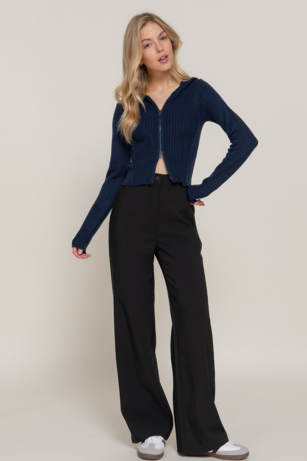 Navy 2-way zip sweater hoodie with hood, ribbed texture and long sleeves