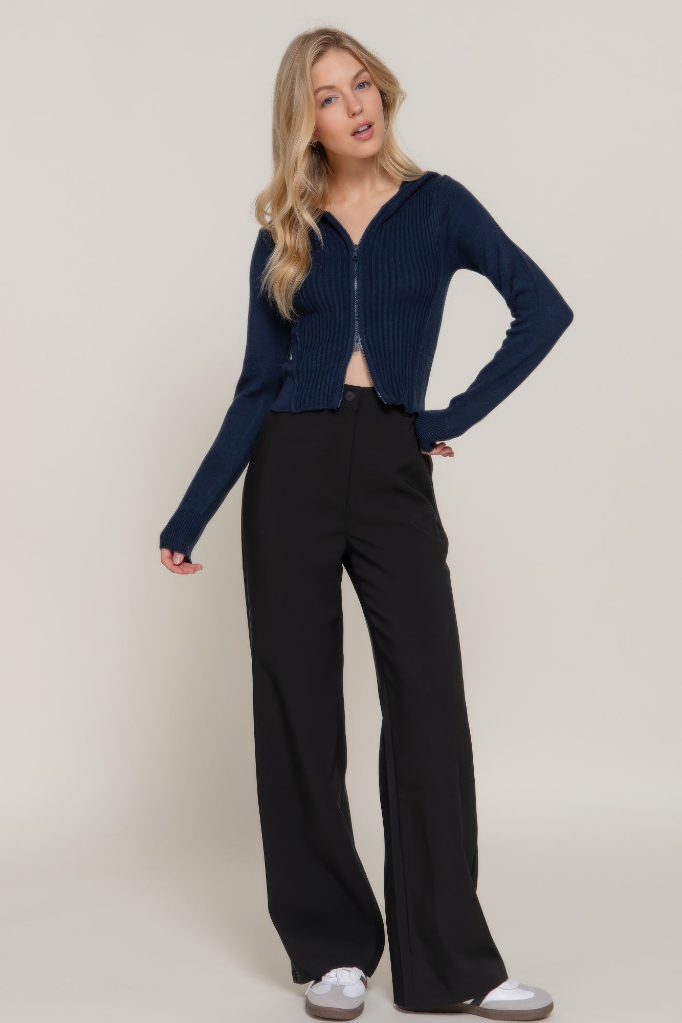 Navy 2-way zip sweater hoodie with hood, ribbed texture and long sleeves
