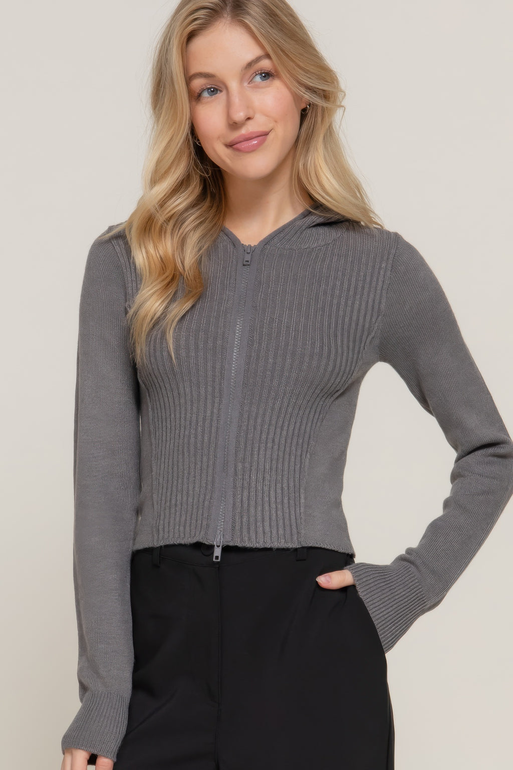 Heather charcoal ribbed sweater hoodie with two-way front zipper, cropped