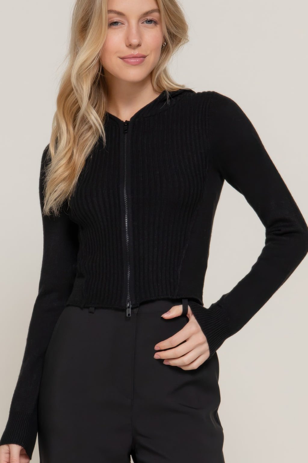 Black 2-way zip sweater hoodie cardigan with ribbed knit and front zipper