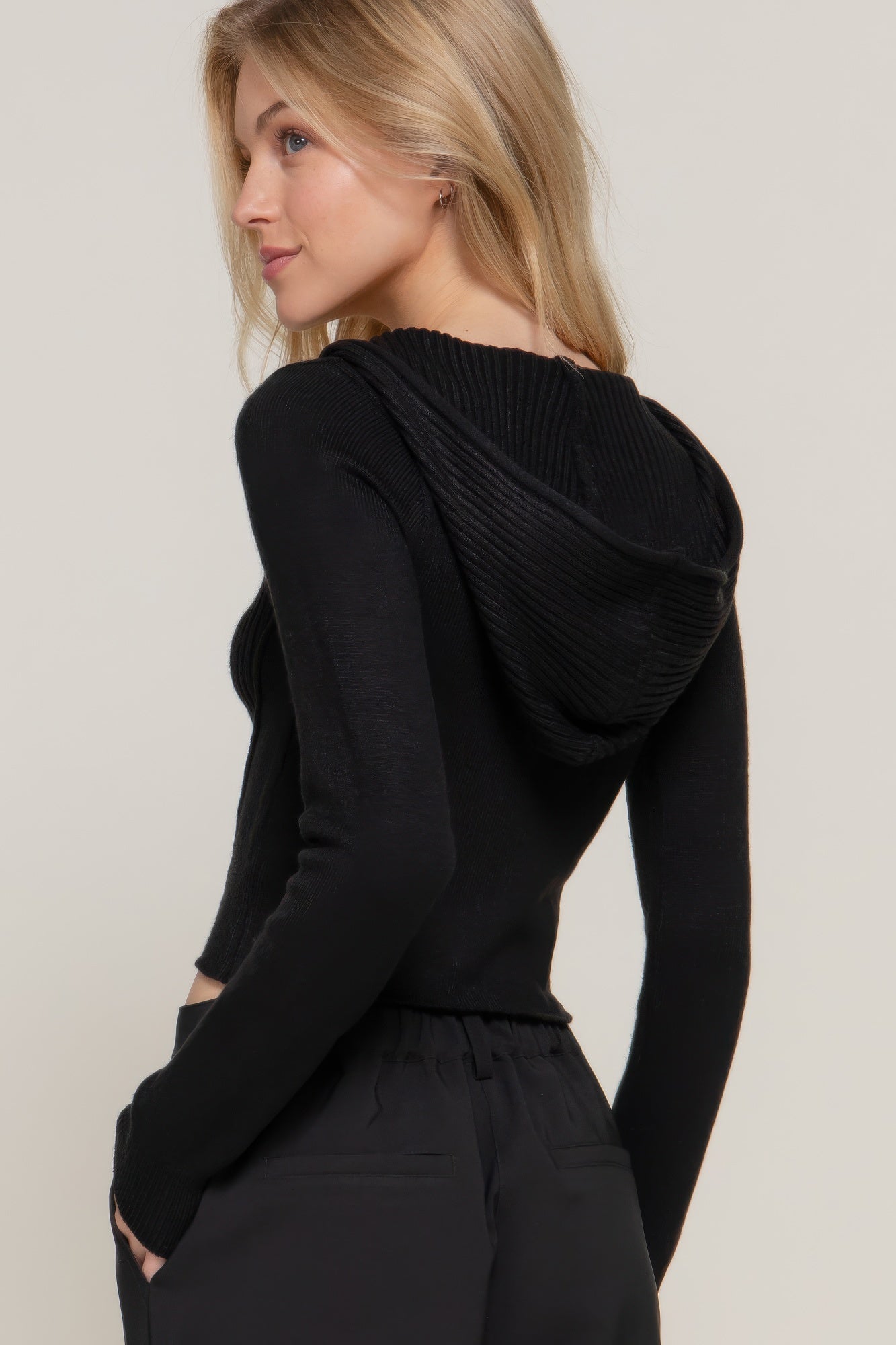 Black back view of 2-way zip sweater hoodie cardigan with hood